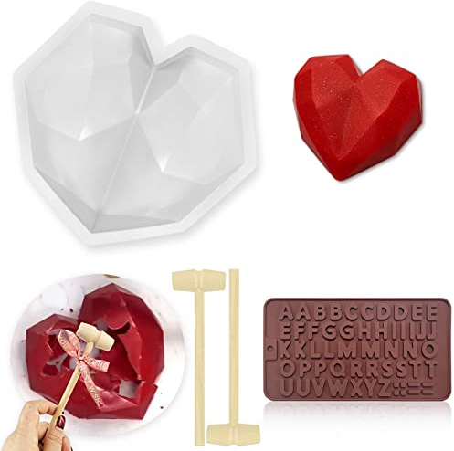 Heart Shaped Chocolate Mold, Diamond Heart Mousse Cake Mold Trays Silicone Chocolate Dessert Baking Pan with 2 Pieces Wooden Hammers