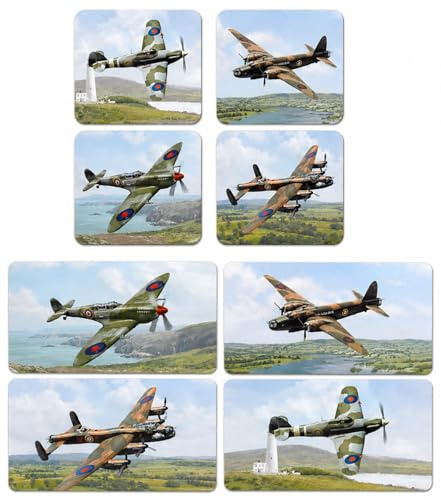 Classic Aircraft Placemats & Coasters, Cork Backed, 8 Piece Set | 8-piece table set with four classic military-aircraft placemats and four matching cork-backed coasters.