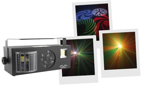 Jeux de lumière pour soirée BoomToneDJ LightShow 4FX Derby Gobos animés LZR Stroboscope. DMX Programmes automatiques Détection musicale. Soirée DJ Jeu de lumiere 4-en-1.