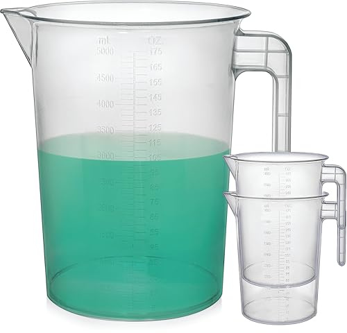 Terbold 5 Liter Measuring Pitcher 3-Pack | 1.3 Gallon Shatterproof Plastic Large Graduated Mixing Pitchers, 1 to 2 Gallons (5L, 5000ml)