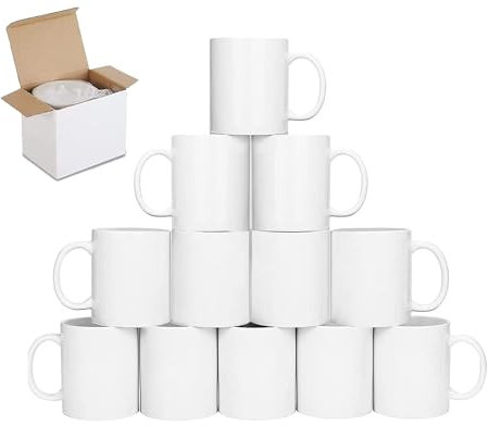 FR Enterprises 12 Pack Sublimation Mugs With Boxes - 11 oz Large White Mugs With Handle - Used as Personalized, Coffee and Tea Mugs - Ideal for Bulk Buy