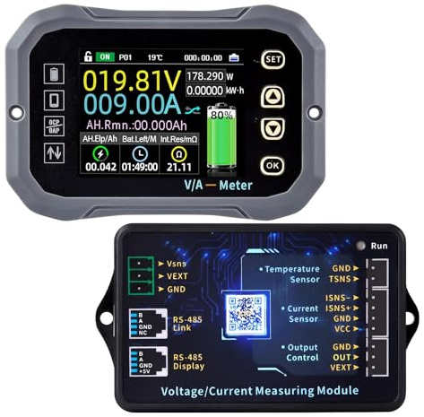 Monitor batteria Bluetooth wireless 0-120 V, amperometro misuratore Coulomb batteria con schermo a colori da 2,4 pollici, per sistema solare barca camper auto motore golf cart