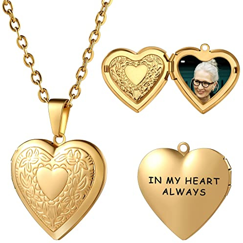MeMeDIY Pendentif Cœur Doré, Collier Personnaliser Photo, Collier Femme Personnalisable Collier Médaillon en Forme de Cœur Qui Contient des Images, Acier Inoxydable, Type Motif Chaîne de 55 cm