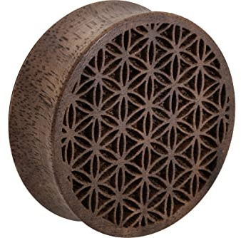 PIERCINGLINE Holz Double Flared Plug BLUME DES LEBENS Piercing Ohr Walnuss 18 mm