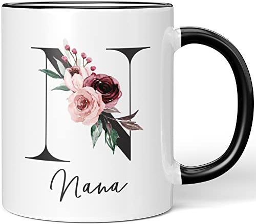 JUNIWORDS Tasse, Nana, Name Anfangsbuchstabe Initial Alphabet Floral Buchstabe N Monogramm Motiv, Schwarz (5591221)