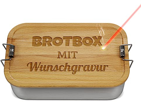 Print Royal PR Brotdose mit Gravur selbst gestalten - mit Name/Text personalisieren - Geschenk für Kinder zur Einschulung, Geburtstag, Schule, Camping - Lunchbox, Holzdeckel, BPA-frei, 1000 ml