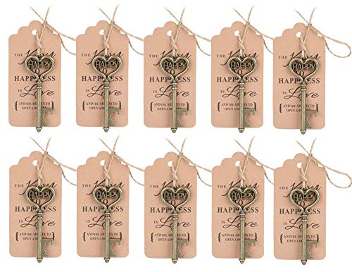 10 Stück Vintage Herz Schlüssel Flaschenöffner mit Tag Karte Schlüsselanhänger für Gastgeschenke oder Dekoration