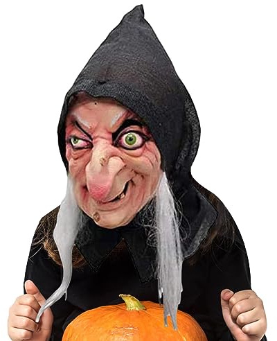 Duqulle Hexenmaske, Alte, Hexenmaske Mit Perücken, Hexenhut, Halloween, Gruseliges Horror-Cosplay-Kostü, Hexenkostü -Zubehör, Vollgesichtsmaske, Horrormasken Für Erwachsene