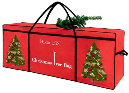 HikooLSS Christmas Tree Storage Bag 12 Ft Tall Tree Container/Holder Heavy Duty Oxford Dual Mesh Pockets,Moistureproof,Extra Large Christmas Tree Box for Big Xmas Tree Wide Opening Red(65X23X27in)