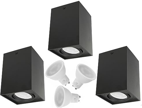 Maclean MCE426 B Deckenaufbauleuchte 3-er Pack mit GU10 Fassung für LED & Halogen Leuchtmittel Aufputz Schwenkbar Aluminium (Schwarz, 3 Stück - Eckig Inkl. Leuchtmittel 5W Neutralweiß)