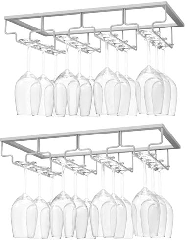 Nuovoware Soporte para Copas de Vino, Soporte para Colgar Copas de Vino Debajo del Gabinete para Cocina, Bar, Pub, Vidrio, Almacenamiento para Barra de Gabinete Cocina (4 Filas, 2 Piezas), Plateado