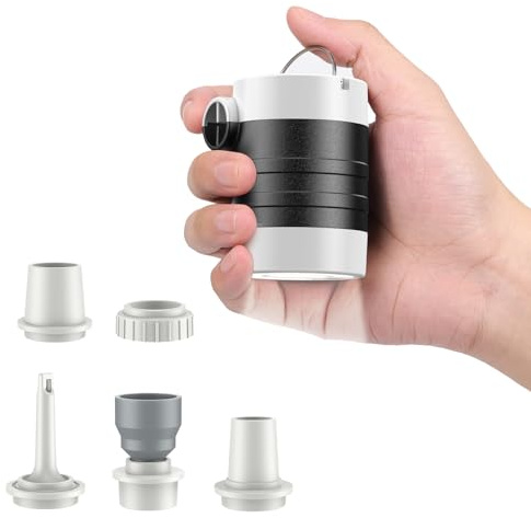 Anngrowy Mini- Elektrische Luftpumpe, Akku Luftpumpe mit Schnellauf- und Ablassfunktion, 5 Luftdüsen & 3-stufigem Campinglicht, Tragbare Inflator für Luftmatratze, Pool & Schlauchboot