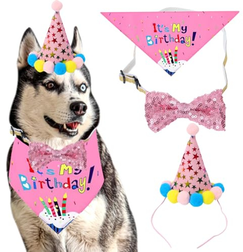 3 Stücke Hund Geburtstag Bandana Set Hund Geburtstag Partyhut Halstuch Krawatten Hunde Zubehör Set Haustier Geburtstagsset mit Headwear Kostüm für Katzen Hunde (Rosa)