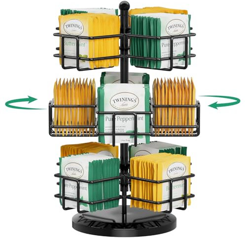 EsLuker.ly Metall Teebeutel Organizer, 3-stufig Drehbar Teebeutelhalter Teeboxen für Teebeutel Aufbewahrung Teeregal, Stehend Tea Bag Storage Ständer Teebox Groß mit 12 Fächern für Küche(Schwarz)