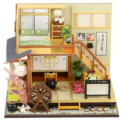Habarri – Maison Miniature à Construire - Maison Miniature DIY - Kit avec Housse Anti Poussière, Éclairage LED - Passe-Temps Créatif - 18x14x14cm - Matcha sur Tatami