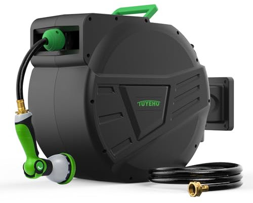 Retractable Garden Hose Reel 100FT, Wall Mount Heavy Duty, Automatic Slow Rewind, 2 Nozzles