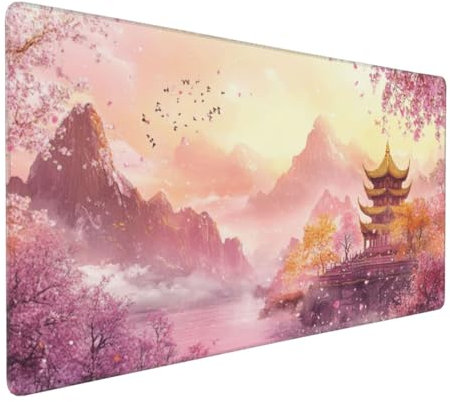 Gaming Mauspad XXL Rosa Mousepad 1000x500x4mm japanische Landschaft Verlängertes Mauspad Schreibtischauflage,Genähte Kanten Mauspad,Verbessert Präzision Geschwindigkeit Wasserdicht Geeignet Büro Decor