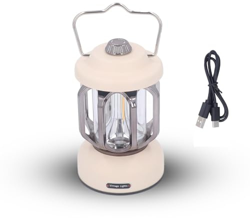 Linterna De Camping Retro LED, 3 Modos Regulables Con Gancho Lámpara De Camping Vintage Recargable Tipo C Luces Y Linternas De Camping Portátiles Linterna Camping Para Salir Y Viajar(White)
