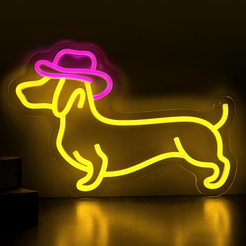 ZWBIGCHA Dachshund Neon Sign with Cowboy Hat, Cute Sausage Dog LED Neon Light, Dimmable Dog Wall Light for Bedroom, Bar, Pet Shop Decor, Funny Dog Lover Gift for Party or Room Decoration