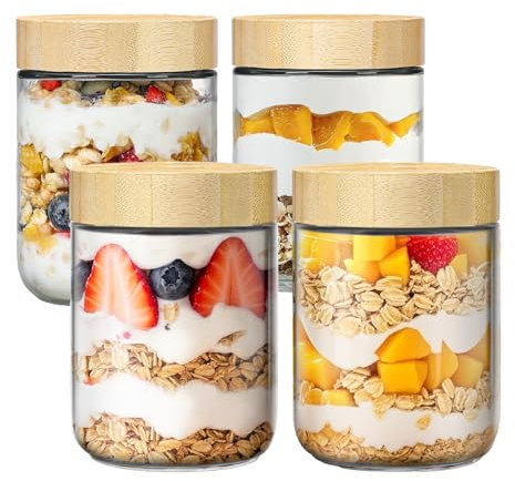 4-Pack 16oz Glass Mason Jars with Screw Lids - Leakproof Overnight Oats Containers, Wide-Mouth Salad & Yogurt Pots for Snacks, Cereals,Coffee,Spices,Pickling & Meal Prep(Airtight Food Storage Jars)