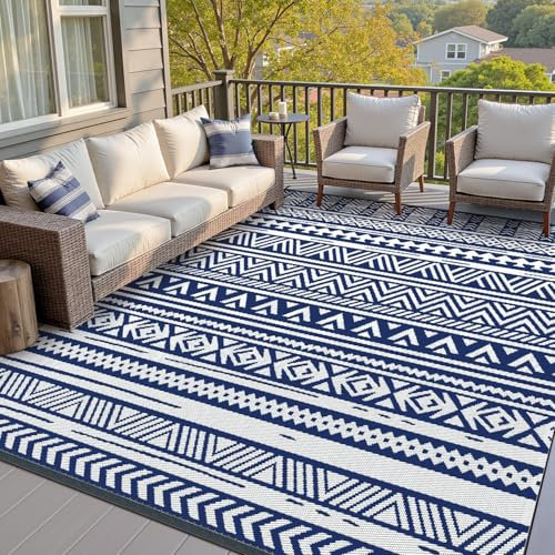 SIXHOME Tappeto da Esterno Impermeabile, Tappeto da Giardino Reversibile con Stile Bohémien per Balcone, Campeggio, Picnic, Spiaggia, 120 * 180cm Blu Marino