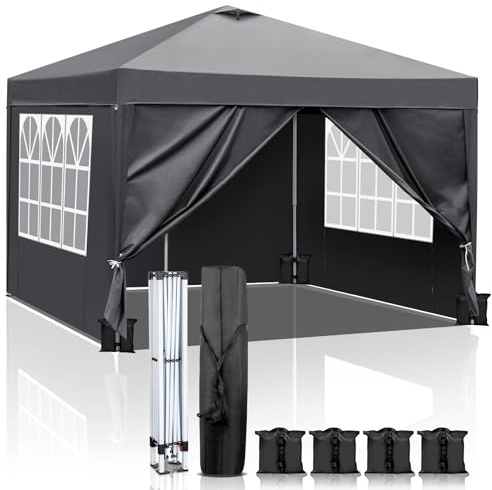 Bonnlo Pop-up Pavillon, Faltpavillon 3x3m, Höhenverstellbar, Wasserdicht Partyzelt mit 4 Seitenteilen, Gartenpavillon für Outdoor Hochzeit Garten Camping Party, Grau (Grau mit Sandsäcken)