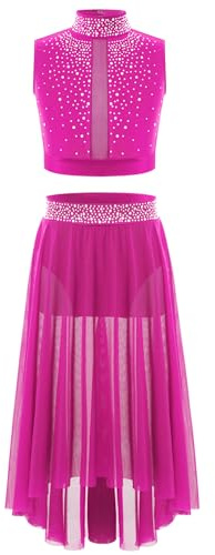 Freebily Klassisk Lyrisk Dans Klänning Flickor Ballettkläder Modern Modern Modern Crop Toppar Midi Kjol Skridskoklänning Latin Dansdräkt, Varm rosa, 7-8 år