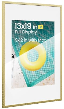 Heimlove 13x19 Aluminum Metal Frame, Gold Photo Frame 9x12 with Mat or 13x19 Without Mat for Wall Mounting, Wall Hook Hanging Hardware Included