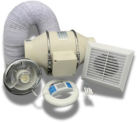 AirTech-UK FlowMax Turbo Inline Bathroom Extractor Fan Kit with Light and Timer - 4 inches 100mm Duct Opening - High Power – Silent Extractor Fan For Bathroom – 1 Speed - White External Vent