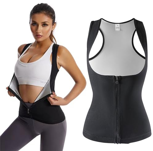 BASTOUR Dambastuväst, bastuväst damer, neopren korsett fitness shapewear kompression, korsett, kompressionsdragkedja, fitness, avtagbar, M-kod, svart, M