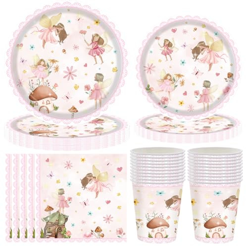 PLNVNVP 80 pcs Vajilla De Fiesta De Hadas, Vajilla de fiesta de hada de mariposa, Bandeja de Papel, Taza, Toallas de Papel, Decoracion de Fiestas de Hadas - 20 Invitados