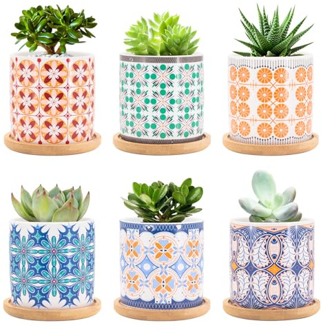 Seahelms Juego de 6 macetas para plantas suculentas, 7,5 cm, de cerámica, para interiores, pequeños maceteros con bandeja de bambú, decoración para casa y oficina