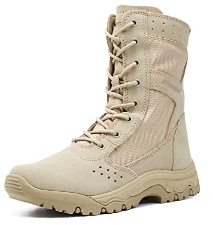 Unisex High Top Mocka Läder Taktiska Ökenkängor Andningsfunktion Combat Militära Stövlar Halkfri Vandring Och Vandringskängor, Khaki, 11 UK