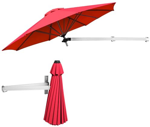 KOMFOTTEU Ombrellone a Muro da Balcone Regolabile in Altezza e ad Angolo, Ombrellone da Parete Richiudibile con Palo in Metallo, Protezione da Sole, Anti UV, Ombrellone da Giardino 250 cm (Rosso)