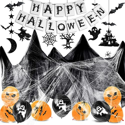 TaleMoon Halloween Deko Set, Gruselig Party Stoff, Horror HAPPY HALLOWEEN Girlande,Halloween Dekoration Set,Hängende Spiralen, Fledermäuse, Spinnen, Spinnennetz, Geistervorhang