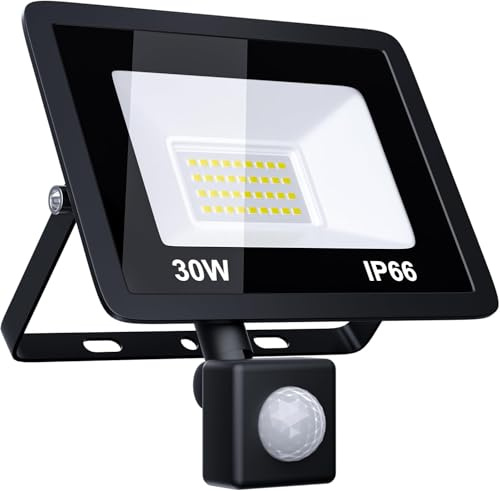 MIWATT Focos LED para exteriores 30W PIR luces LED para exteriores IP66 7200 lúmenes, luz blanca fría, parque, patio, jardín, garaje 6000k