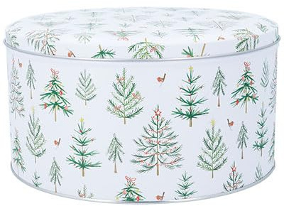 Gisela Graham Christmas Cake Storage Tin, 23cm Round, White with Tree Design