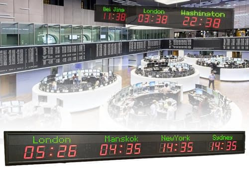 Orologio mondiale, orologio da parete digitale a LED con 4 fusi orari, orologio da parete mondiale multi-fuso orario a colori per interni, per ufficio/casa/soggiorno/scuola, 5 livelli di regolazione