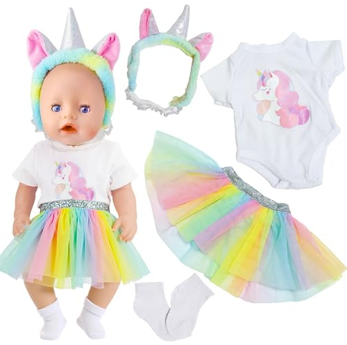 Süßes Kleidung Outfits Tutu-Kleid für 14-18 Zoll Große Puppen, 4 Baby Puppen Puppenkleidung mit Tutu-Kleid Jumpsuit Kopfbedeckung und Socken für 35-43 cm Baby Puppen, Buntem Pferdemotiv Puppenkleidung
