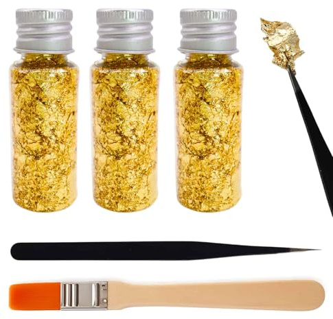 3 Flaschen Blattgoldblätter mit Pinzette & Pinsel, Blattgold Flocken Multifunktions-Dekorfolienpapier Goldfolie Papier für Kunsthandwerk & Dekoration