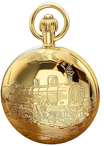 Tiong Gold-Colored Right-Facing Locomotive Design Features a Gold Roman Numeral Dial, Suitable for Men's Mechanical Pocket Watches