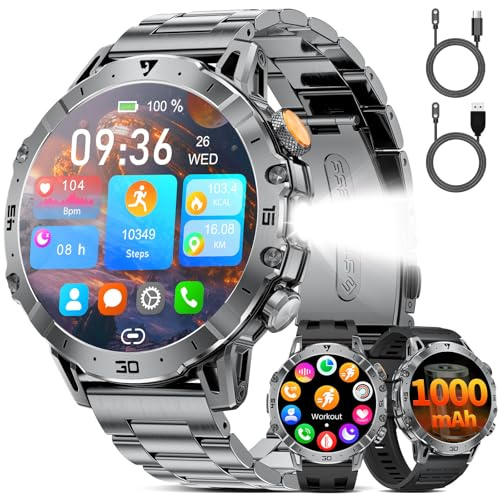 SUNKTA Smartwatch da uomo Militare 1000 mAh grande batteria da 1,7 HD Bluetooth chiamate orologio intelligente per iOS Android con torcia LED, frequenza cardiaca/monitor/contapassi, grigio
