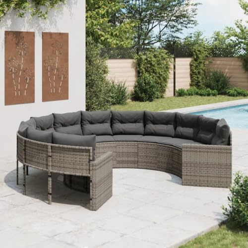 Tonture Rundes Gartensofa Grau aus Poly Rattan, 287 cm Durchmesser, mit 18 Dunkelgrauen Kissen, UV-beständig, für Terrasse, Balkon, Außenbereich, Entspannung