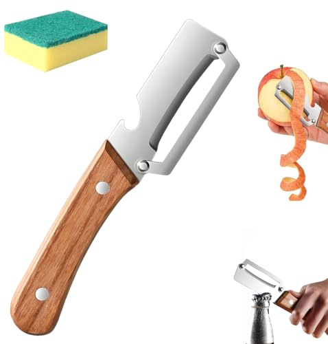 Pelador multifuncional de cocina, 2 en 1, mango de madera, pelador de verduras con abrebotellas, para pelar frutas y pícnic, herramienta de pelado duradera