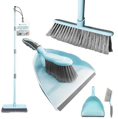 Indoor Broom and Dustpan and Brush Sets - Indoor Cleaning Soft Broom and Dustpan Set - Soft Bristles Hair Brush Floor Cleaner Set for Tiles Laminate Wood Carpet - Duck Egg