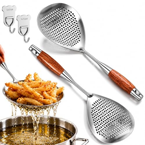 Espumadera de Cocina en Acero Inoxidable 304 con Mango de Madera 45cm, Cuchara Araña Colador para Freír Patatas, Gran Escurridor de Aceite y Agua para Pasta Verduras (2Pcs)