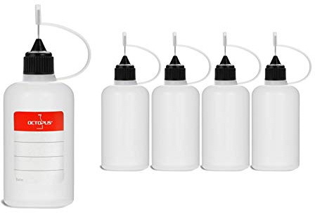 5 x 50 ml nålflaskor för vätskor, oljor, bläck, färger och lim, tomma LDPE plastflaskor med svarta nållock, inkl. etiketter