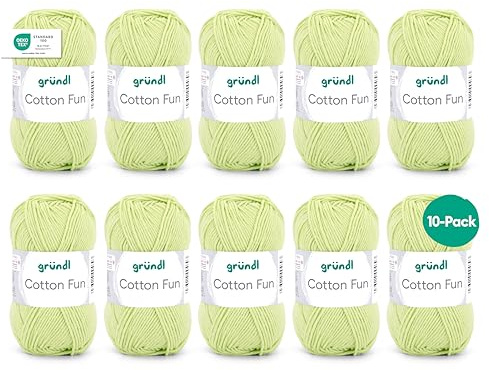 Gründl Wolle Cotton Fun Häkelgarn 10 Knäuel 50 g, Hellgrün | Wolle zum Häkeln - Strickgarn - Häkelgarn - Pflegeleicht und hautfreundlich - 100 % Baumwolle - 50 g / 115 m - Nadelstärke 3