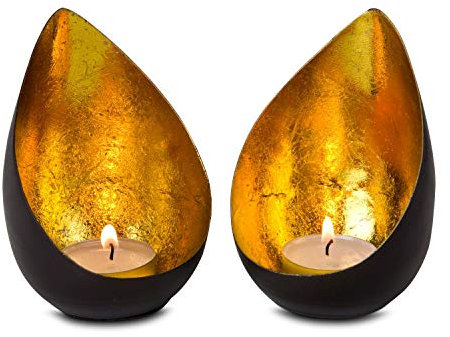 ROMINOX Geschenkartikel Teelicht-Set // Drops – 2-teilig, strahlend Goldener Kerzenschein, mit Goldfolienauskleidung, Weihnachten, Grillparty, Valentinstag, Muttertag; Maße: je ca. 7.9 x 7.5 x 11 cm