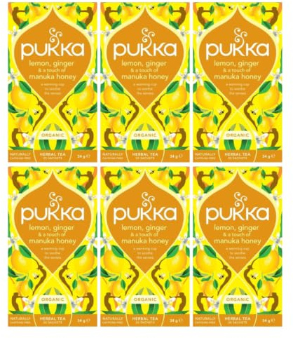 Pukka Herbal Teas Tea - Organic - Lemon Ginger and Manuka Honey - 20 Bags - Case of 6 (Packaging May Vary)